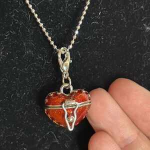 Silver Tone Red/Orange Enamel Heart Locket Storage Clip On Charm Necklace 15”